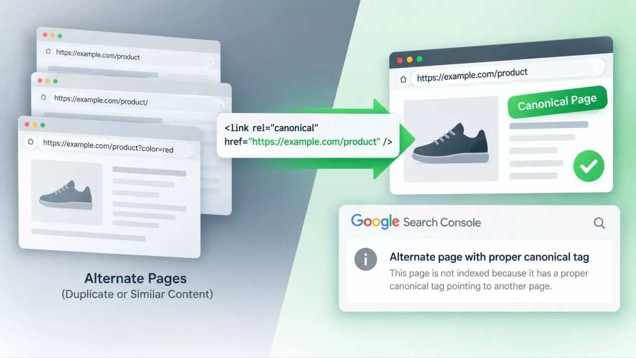 Search Console pages report listing URLs under alternate page with proper canonical tag