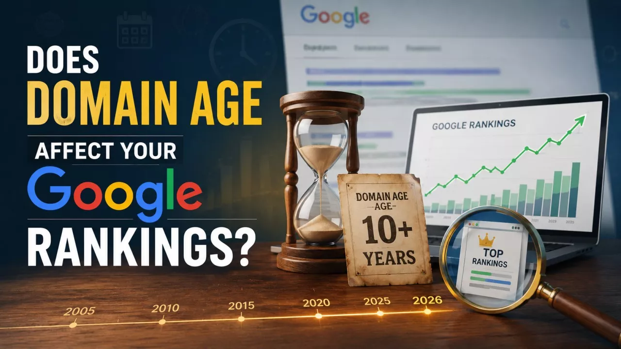 Registry record showing a domain creation date beside Google search results ranking a newer site