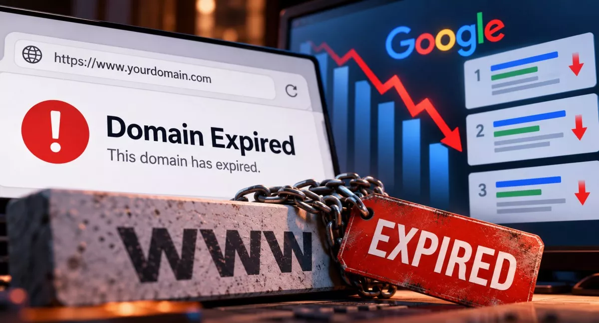 Laptop showing a registrar page marking a domain name as expired beside a site that will not load