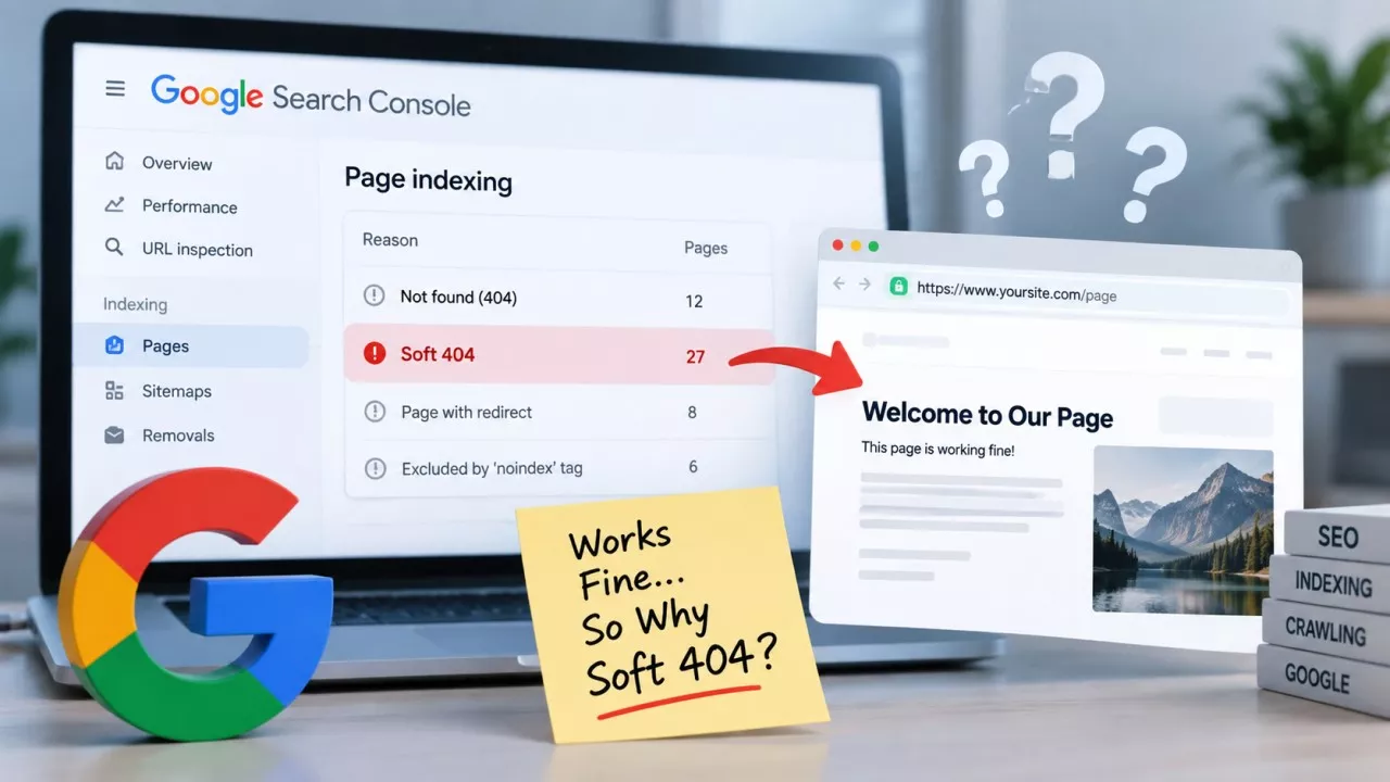 Search Console page indexing report showing a soft 404 status for a URL that loads normally