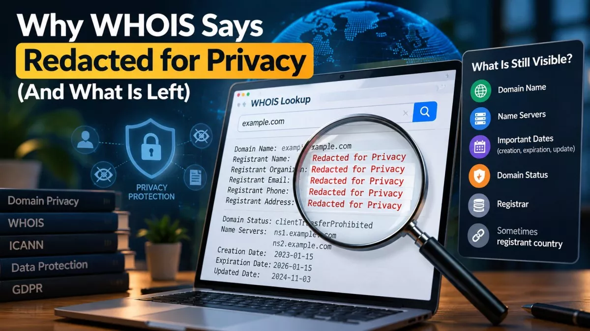 Domain registration record on a screen with the registrant name replaced by Redacted for Privacy