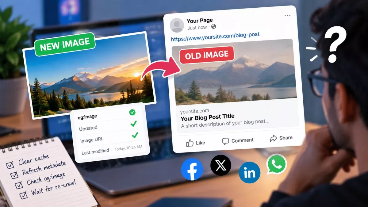 A chat window showing a shared link with an outdated preview image beside the updated web page