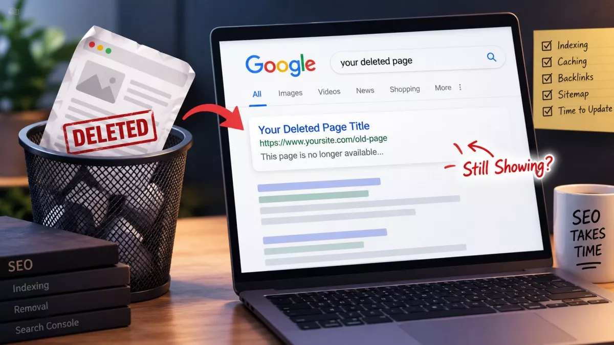 Google search result for a deleted page beside a Search Console URL removal request